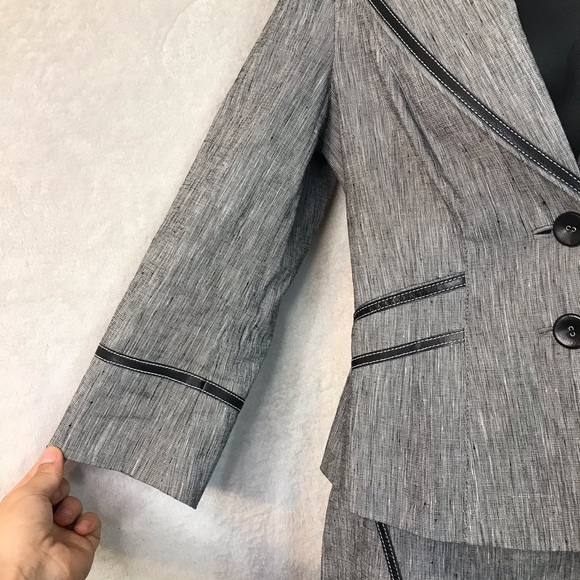 BEBE 2 piece linen blazer suit jacket and skirt set grey black trim collared top - Picture 2 of 10